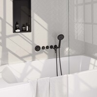 Brauer Brauer Black Carving Thermostatische Inbouw Badkraan met Omstel, Uitloop, Stopkranen, Wandhouder met Wateruitlaat, 3-Standen Handdouche & Doucheslang - Set 2 - Geribbeld Draaiknoppen - Mat Zwart