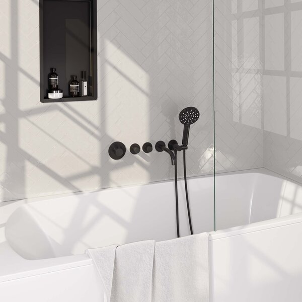 Brauer Brauer Black Carving Thermostatische Inbouw Badkraan met Omstel, Uitloop, Stopkranen, Wandhouder met Wateruitlaat, 3-Standen Handdouche & Doucheslang - Set 2 - Geribbeld Draaiknoppen - Mat Zwart