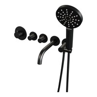 Brauer Brauer Black Carving Thermostatische Inbouw Badkraan met Omstel, Uitloop, Stopkranen, Wandhouder met Wateruitlaat, 3-Standen Handdouche & Doucheslang - Set 2 - Geribbeld Draaiknoppen - Mat Zwart