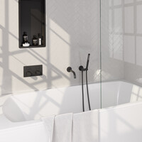 Brauer Brauer Black Carving Thermostatische Inbouw Badkraan met Omstel, Uitloop, Drukknoppen, Wandhouder met Wateruitlaat, Staafhanddouche & Doucheslang - Set 3 - Geribbeld Draaiknoppen - Mat Zwart