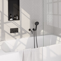 Brauer Brauer Black Carving Thermostatische Inbouw Badkraan met Omstel, Uitloop, Drukknoppen, Wandhouder met Wateruitlaat, 3-Standen Handdouche & Doucheslang - Set 4 - Geribbeld Draaiknoppen - Mat Zwart