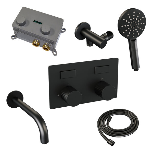 Brauer Brauer Black Carving Thermostatische Inbouw Badkraan met Omstel, Uitloop, Drukknoppen, Wandhouder met Wateruitlaat, 3-Standen Handdouche & Doucheslang - Set 4 - Geribbeld Draaiknoppen - Mat Zwart