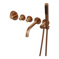 Brauer Brauer Copper Carving Thermostatische Inbouw Badkraan met Omstel, Uitloop, Stopkranen, Wandhouder met Wateruitlaat, Staafhanddouche & Doucheslang - Set 1 - Geribbeld Draaiknoppen - PVD - Geborsteld Koper