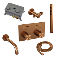 Brauer Brauer Copper Carving Thermostatische Inbouw Badkraan met Omstel, Uitloop, Drukknoppen, Wandhouder met Wateruitlaat, Staafhanddouche & Doucheslang - Set 3 - Geribbeld Draaiknoppen - PVD - Geborsteld Koper