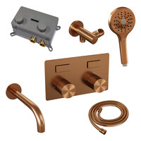 Brauer Brauer Copper Carving Thermostatische Inbouw Badkraan met Omstel, Uitloop, Drukknoppen, Wandhouder met Wateruitlaat, 3-Standen Handdouche & Doucheslang - Set 4 - Geribbeld Draaiknoppen - PVD - Geborsteld Koper