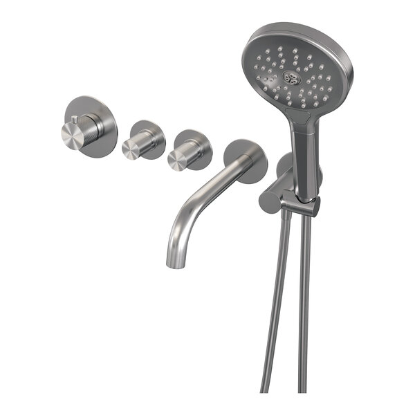 Brauer Brauer Brushed Carving Thermostatische Inbouw Badkraan met Omstel, Uitloop, Stopkranen, Wandhouder met Wateruitlaat, 3-Standen Handdouche & Doucheslang - Set 2 - Geribbeld Draaiknoppen - PVD - Geborsteld RVS