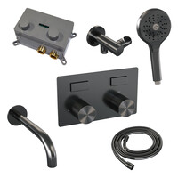 Brauer Brauer Gunmetal Carving Thermostatische Inbouw Badkraan met Omstel, Uitloop, Drukknoppen, Wandhouder met Wateruitlaat, 3-Standen Handdouche & Doucheslang - Set 4 - Geribbeld Draaiknoppen - PVD - Geborsteld Gunmetal