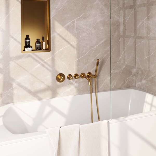 Brauer Brauer Gold Carving Thermostatische Inbouw Badkraan met Omstel, Uitloop, Stopkranen, Wandhouder met Wateruitlaat, Staafhanddouche & Doucheslang - Set 1 - Geribbeld Draaiknoppen - PVD - Geborsteld Goud