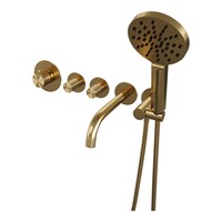 Brauer Brauer Gold Carving Thermostatische Inbouw Badkraan met Omstel, Uitloop, Stopkranen, Wandhouder met Wateruitlaat, 3-Standen Handdouche & Doucheslang - Set 2 - Geribbeld Draaiknoppen - PVD - Geborsteld Goud