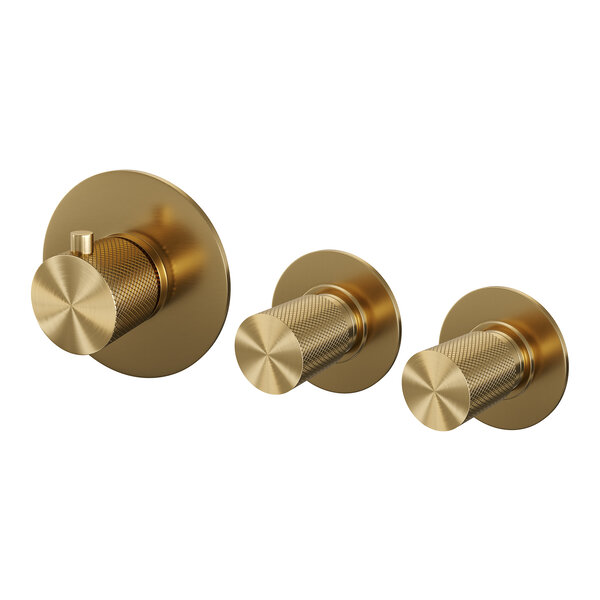 Brauer Brauer Gold Carving Thermostatische Inbouw Badkraan met Omstel, Uitloop, Stopkranen, Wandhouder met Wateruitlaat, 3-Standen Handdouche & Doucheslang - Set 2 - Geribbeld Draaiknoppen - PVD - Geborsteld Goud