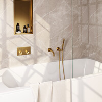 Brauer Brauer Gold Carving Thermostatische Inbouw Badkraan met Omstel, Uitloop, Drukknoppen, Wandhouder met Wateruitlaat, Staafhanddouche & Doucheslang - Set 3 - Geribbeld Draaiknoppen - PVD - Geborsteld Goud