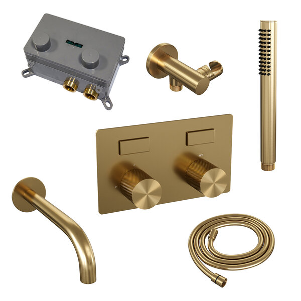 Brauer Brauer Gold Carving Thermostatische Inbouw Badkraan met Omstel, Uitloop, Drukknoppen, Wandhouder met Wateruitlaat, Staafhanddouche & Doucheslang - Set 3 - Geribbeld Draaiknoppen - PVD - Geborsteld Goud