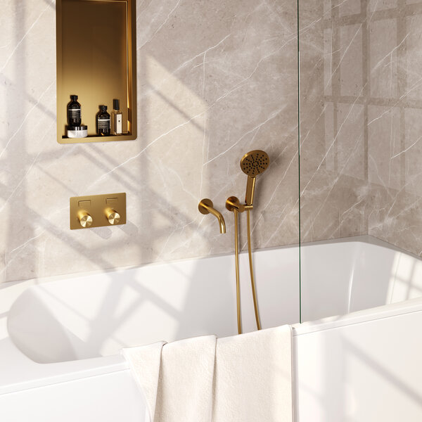 Brauer Brauer Gold Carving Thermostatische Inbouw Badkraan met Omstel, Uitloop, Drukknoppen, Wandhouder met Wateruitlaat, 3-Standen Handdouche & Doucheslang - Set 4 - Geribbeld Draaiknoppen - PVD - Geborsteld Goud
