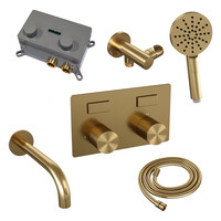 Brauer Brauer Gold Carving Thermostatische Inbouw Badkraan met Omstel, Uitloop, Drukknoppen, Wandhouder met Wateruitlaat, 3-Standen Handdouche & Doucheslang - Set 4 - Geribbeld Draaiknoppen - PVD - Geborsteld Goud
