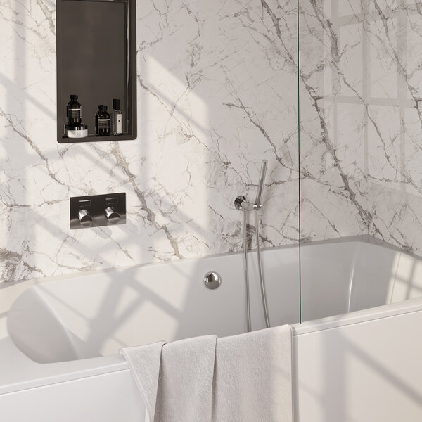 Brauer Brauer Chrome Carving Thermostatische Inbouw Badkraan met Omstel, Badvulcombinatie, Drukknoppen, Wandhouder met Wateruitlaat, Staafhanddouche & Doucheslang - Set 3 - Geribbeld Draaiknoppen - Chroom