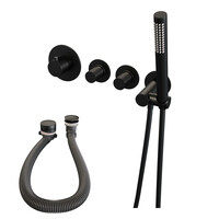 Brauer Brauer Black Carving Thermostatische Inbouw Badkraan met Omstel, Badvulcombinatie, Stopkranen, Wandhouder met Wateruitlaat, Staafhanddouche & Doucheslang - Set 1 - Geribbeld Draaiknoppen - Mat Zwart