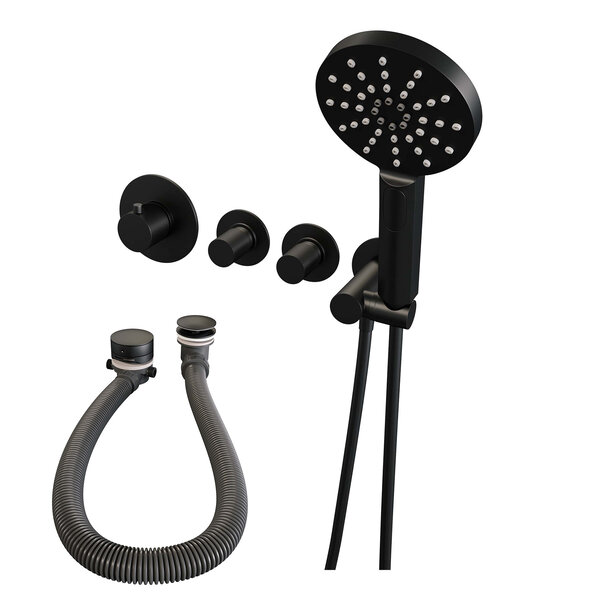 Brauer Brauer Black Carving Thermostatische Inbouw Badkraan met Omstel, Badvulcombinatie, Stopkranen, Wandhouder met Wateruitlaat, 3-Standen Handdouche & Doucheslang - Set 2 - Geribbeld Draaiknoppen - Mat Zwart