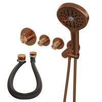 Brauer Brauer Copper Carving Thermostatische Inbouw Badkraan met Omstel, Badvulcombinatie, Stopkranen, Wandhouder met Wateruitlaat, 3-Standen Handdouche & Doucheslang - Set 2 - Geribbeld Draaiknoppen - PVD - Geborsteld Koper