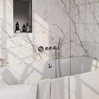 Brauer Brauer Brushed Carving Thermostatische Inbouw Badkraan met Omstel, Badvulcombinatie, Stopkranen, Wandhouder met Wateruitlaat, Staafhanddouche & Doucheslang - Set 1 - Geribbeld Draaiknoppen - PVD - Geborsteld RVS