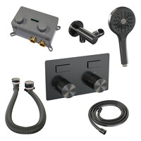 Brauer Brauer Gunmetal Carving Thermostatische Inbouw Badkraan met Omstel, Badvulcombinatie, Drukknoppen, Wandhouder met Wateruitlaat, 3-Standen Handdouche & Doucheslang - Set 4 - Geribbeld Draaiknoppen - PVD - Geborsteld Gunmetal