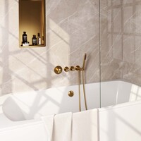 Brauer Brauer Gold Carving Thermostatische Inbouw Badkraan met Omstel, Badvulcombinatie, Stopkranen, Wandhouder met Wateruitlaat, Staafhanddouche & Doucheslang - Set 1 - Geribbeld Draaiknoppen - PVD - Geborsteld Goud