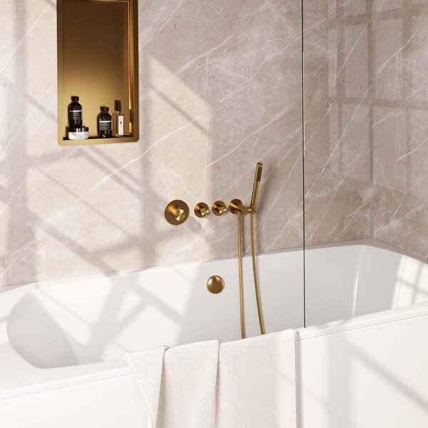 Brauer Brauer Gold Carving Thermostatische Inbouw Badkraan met Omstel, Badvulcombinatie, Stopkranen, Wandhouder met Wateruitlaat, Staafhanddouche & Doucheslang - Set 1 - Geribbeld Draaiknoppen - PVD - Geborsteld Goud