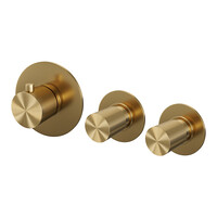 Brauer Brauer Gold Carving Thermostatische Inbouw Badkraan met Omstel, Badvulcombinatie, Stopkranen, Wandhouder met Wateruitlaat, 3-Standen Handdouche & Doucheslang - Set 2 - Geribbeld Draaiknoppen - PVD - Geborsteld Goud