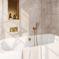 Brauer Brauer Gold Carving Thermostatische Inbouw Badkraan met Omstel, Badvulcombinatie, Drukknoppen, Wandhouder met Wateruitlaat, Staafhanddouche & Doucheslang - Set 3 - Geribbeld Draaiknoppen - PVD - Geborsteld Goud