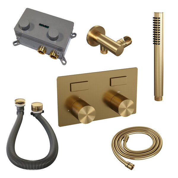 Brauer Brauer Gold Carving Thermostatische Inbouw Badkraan met Omstel, Badvulcombinatie, Drukknoppen, Wandhouder met Wateruitlaat, Staafhanddouche & Doucheslang - Set 3 - Geribbeld Draaiknoppen - PVD - Geborsteld Goud