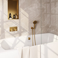 Brauer Brauer Gold Carving Thermostatische Inbouw Badkraan met Omstel, Badvulcombinatie, Drukknoppen, Wandhouder met Wateruitlaat, 3-Standen Handdouche & Doucheslang - Set 4 - Geribbeld Draaiknoppen - PVD - Geborsteld Goud