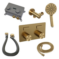 Brauer Brauer Gold Carving Thermostatische Inbouw Badkraan met Omstel, Badvulcombinatie, Drukknoppen, Wandhouder met Wateruitlaat, 3-Standen Handdouche & Doucheslang - Set 4 - Geribbeld Draaiknoppen - PVD - Geborsteld Goud