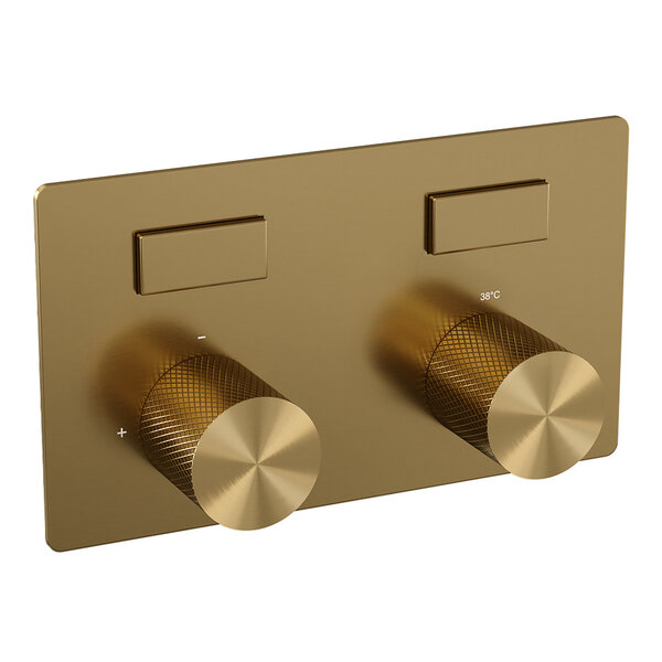 Brauer Brauer Gold Carving Thermostatische Inbouw Badkraan met Omstel, Badvulcombinatie, Drukknoppen, Wandhouder met Wateruitlaat, 3-Standen Handdouche & Doucheslang - Set 4 - Geribbeld Draaiknoppen - PVD - Geborsteld Goud