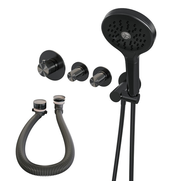 Brauer Brauer Gunmetal Carving Thermostatische Inbouw Badkraan met Omstel, Badvulcombinatie, Stopkranen, Wandhouder met Wateruitlaat, 3-Standen Handdouche & Doucheslang - Set 2 - Geribbeld Draaiknoppen - PVD - Geborsteld Gunmetal