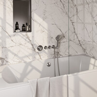 Brauer Brauer Brushed Carving Thermostatische Inbouw Badkraan met Omstel, Badvulcombinatie, Stopkranen, Wandhouder met Wateruitlaat, 3-Standen Handdouche & Doucheslang - Set 2 - Geribbeld Draaiknoppen - PVD - Geborsteld RVS