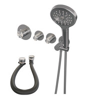 Brauer Brauer Brushed Carving Thermostatische Inbouw Badkraan met Omstel, Badvulcombinatie, Stopkranen, Wandhouder met Wateruitlaat, 3-Standen Handdouche & Doucheslang - Set 2 - Geribbeld Draaiknoppen - PVD - Geborsteld RVS