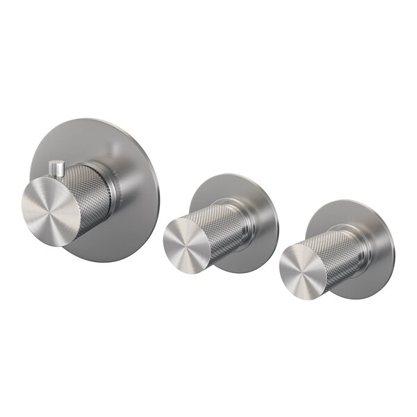 Brauer Brauer Brushed Carving Thermostatische Inbouw Badkraan met Omstel, Badvulcombinatie, Stopkranen, Wandhouder met Wateruitlaat, 3-Standen Handdouche & Doucheslang - Set 2 - Geribbeld Draaiknoppen - PVD - Geborsteld RVS