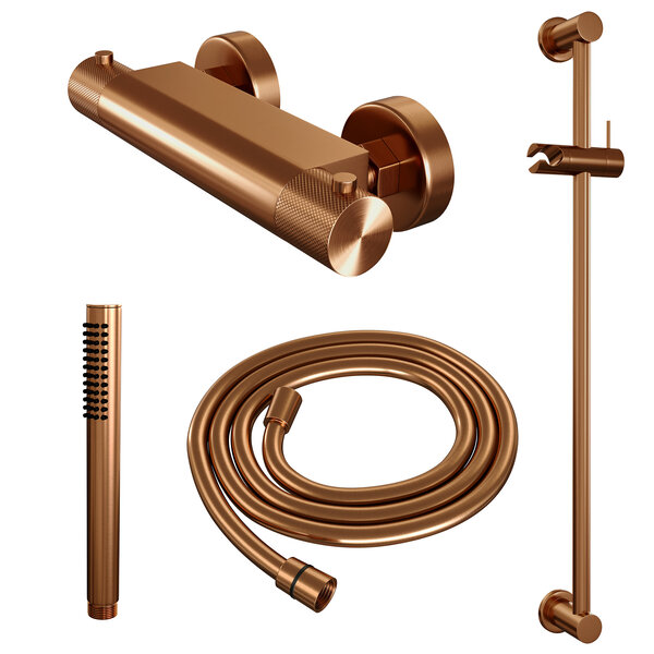 Brauer Brauer Copper Carving Doucheset: Thermostatische Opbouwkraan met Glijstang, Staafhanddouche & Doucheslang - Set 1 - Geribbeld Draaiknoppen - PVD - Geborsteld Koper