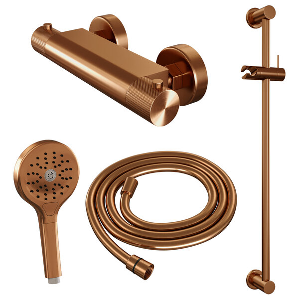Brauer Brauer Copper Carving Doucheset: Thermostatische Opbouwkraan met Glijstang, Staafhanddouche & Doucheslang - Set 2 - Geribbeld Draaiknoppen - PVD - Geborsteld Koper