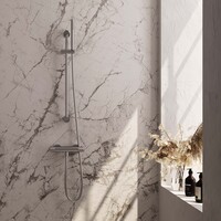 Brauer Brauer Brushed Carving Doucheset: Thermostatische Opbouwkraan met Glijstang, Staafhanddouche & Doucheslang - Set 1 - Geribbeld Draaiknoppen - PVD - Geborsteld RVS