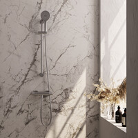 Brauer Brauer Brushed Carving Doucheset: Thermostatische Opbouwkraan met Glijstang, Staafhanddouche & Doucheslang - Set 2 - Geribbeld Draaiknoppen - PVD - Geborsteld RVS