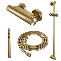 Brauer Brauer Gold Carving Doucheset: Thermostatische Opbouwkraan met Glijstang, Staafhanddouche & Doucheslang - Set 1 - Geribbeld Draaiknoppen - PVD - Geborsteld Goud