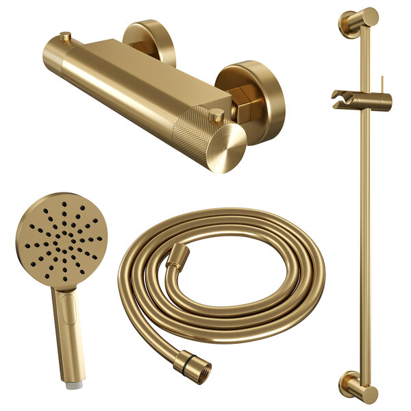 Brauer Brauer Gold Carving Doucheset: Thermostatische Opbouwkraan met Glijstang, Staafhanddouche & Doucheslang - Set 2 - Geribbeld Draaiknoppen - PVD - Geborsteld Goud