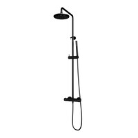 Brauer Brauer Black Carving Regendoucheset: Thermostatische Opbouwkraan met Stijgbuis, Douchekop 20cm, Staafhanddouche & Doucheslang - Set 1 - Geribbeld Draaiknoppen - Mat Zwart