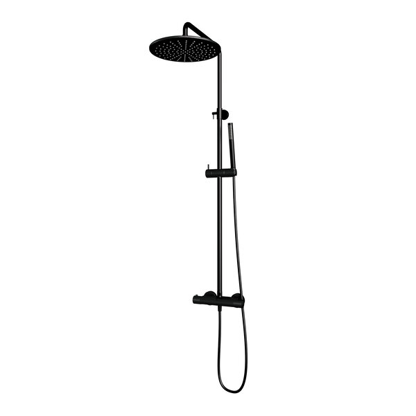 Brauer Brauer Black Carving Regendoucheset: Thermostatische Opbouwkraan met Stijgbuis, Douchekop 20cm, 3-Standen Handdouche & Doucheslang - Set 2 - Geribbeld Draaiknoppen - Mat Zwart