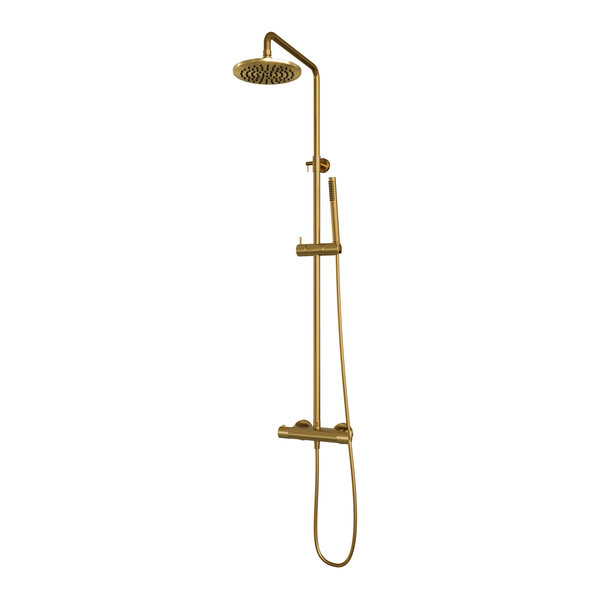 Brauer Brauer Gold Carving Regendoucheset: Thermostatische Opbouwkraan met Stijgbuis, Douchekop Ø20cm, Staafhanddouche & Doucheslang - Set 1 - Geribbeld Draaiknoppen - PVD - Geborsteld Goud