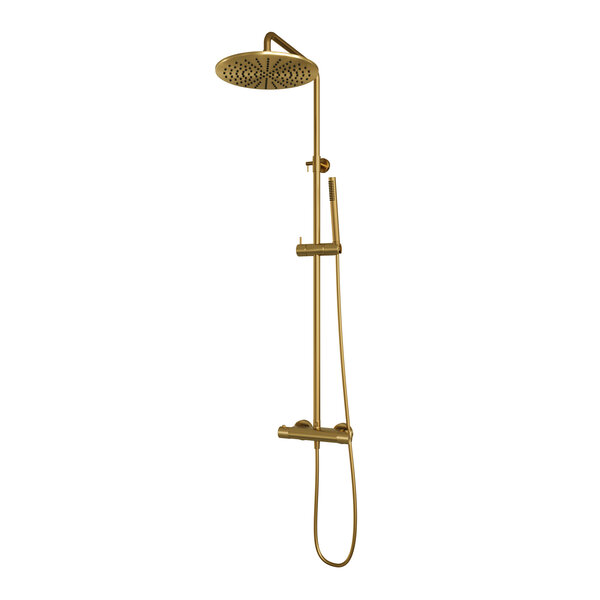 Brauer Brauer Gold Carving Regendoucheset: Thermostatische Opbouwkraan met Stijgbuis, Douchekop 20cm, 3-Standen Handdouche & Doucheslang - Set 2 - Geribbeld Draaiknoppen - PVD - Geborsteld Goud