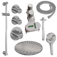 Brauer Brauer Chrome Carving Regendoucheset: Thermostatische Inbouwkraan met Stopkranen, Plafondarm, Douchekop 30cm, Glijstang met Wateruitlaat, 3-Standen Handdouche & Doucheslang - Set 24 - Geribbeld Draaiknoppen - Chroom