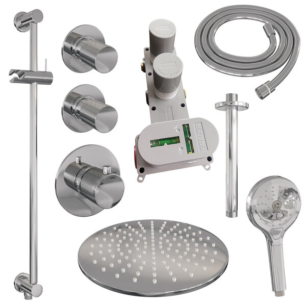 Brauer Brauer Chrome Carving Regendoucheset: Thermostatische Inbouwkraan met Stopkranen, Plafondarm, Douchekop 30cm, Glijstang met Wateruitlaat, 3-Standen Handdouche & Doucheslang - Set 24 - Geribbeld Draaiknoppen - Chroom