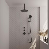 Brauer Brauer Black Carving Regendoucheset: Thermostatische Inbouwkraan met Stopkranen, Plafondarm, Douchekop 30cm, Glijstang met Wateruitlaat, 3-Standen Handdouche & Doucheslang - Set 24 - Geribbeld Draaiknoppen - Mat Zwart