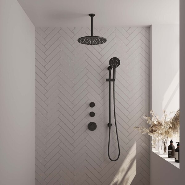 Brauer Brauer Black Carving Regendoucheset: Thermostatische Inbouwkraan met Stopkranen, Plafondarm, Douchekop 30cm, Glijstang met Wateruitlaat, 3-Standen Handdouche & Doucheslang - Set 24 - Geribbeld Draaiknoppen - Mat Zwart